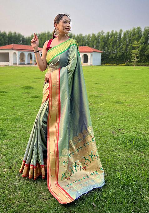 Mehndi Woven Paithani Silk Saree Set