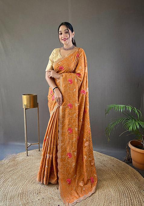 Orange Thread Embroidered Tussar Silk Saree Set