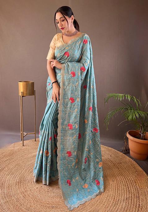 Sky Thread Embroidered Tussar Silk Saree Set