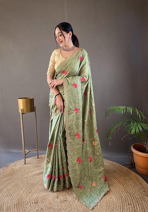 Green Thread Embroidered Tussar Silk Saree Set