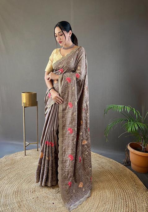 Brown Thread Embroidered Tussar Silk Saree Set