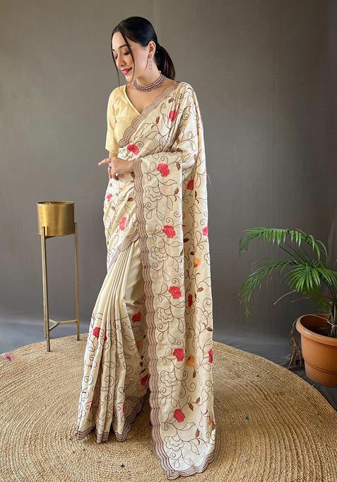 Cream Thread Embroidered Tussar Silk Saree Set