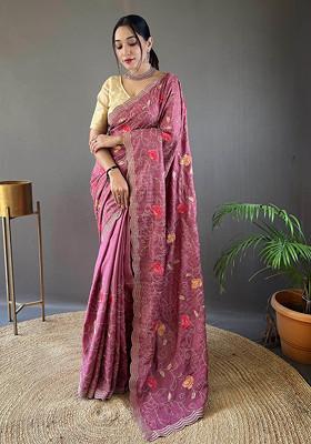 Lavender Thread Embroidered Tussar Silk Saree Set