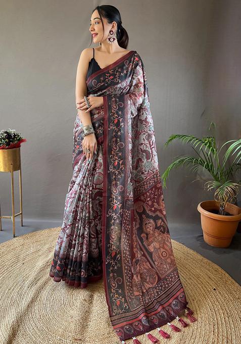 Grey Printed Cotton Saree Set