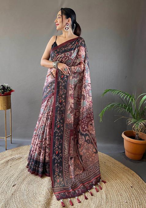 Peach Printed Cotton Saree Set