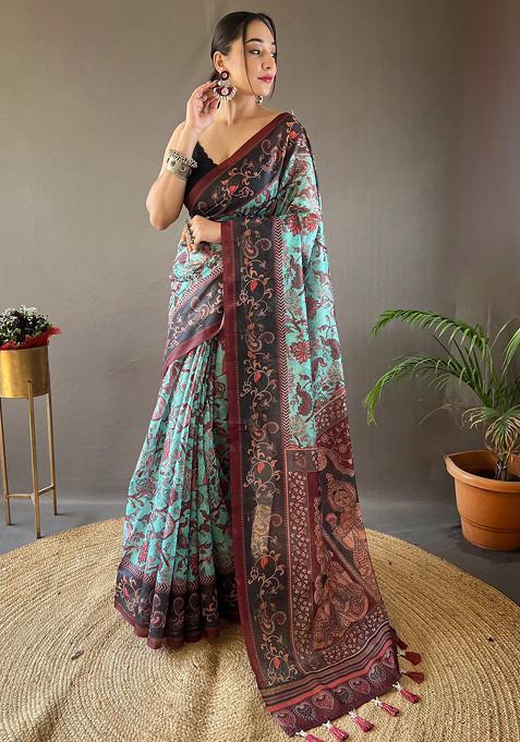 Sky Printed Cotton Saree Set