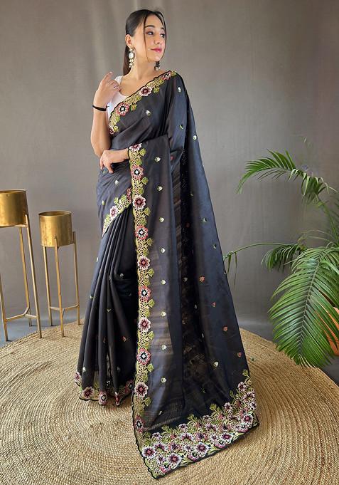 Black Floral Embroidered Tussar Silk Saree Set