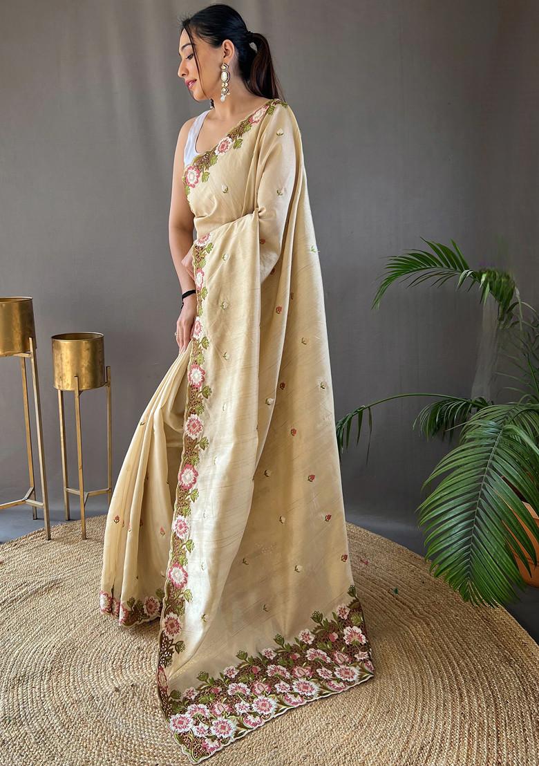 Cream Floral Embroidered Tussar Silk Saree Set