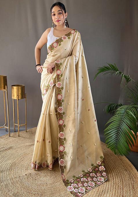 Cream Floral Embroidered Tussar Silk Saree Set