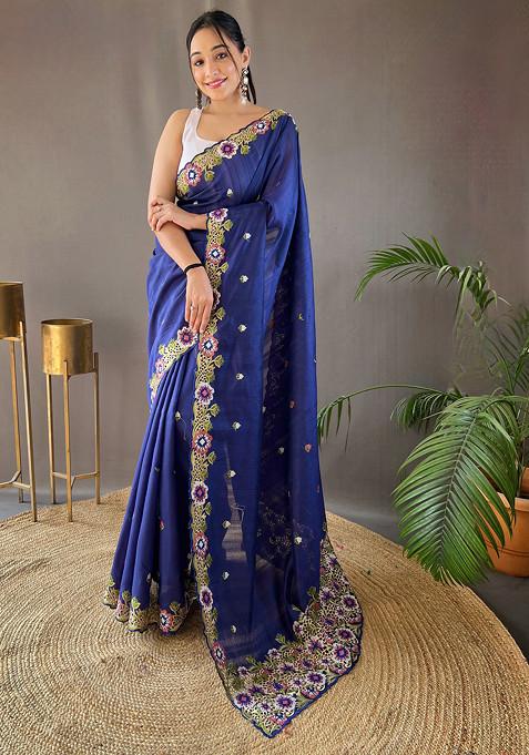 Navy Floral Embroidered Tussar Silk Saree Set