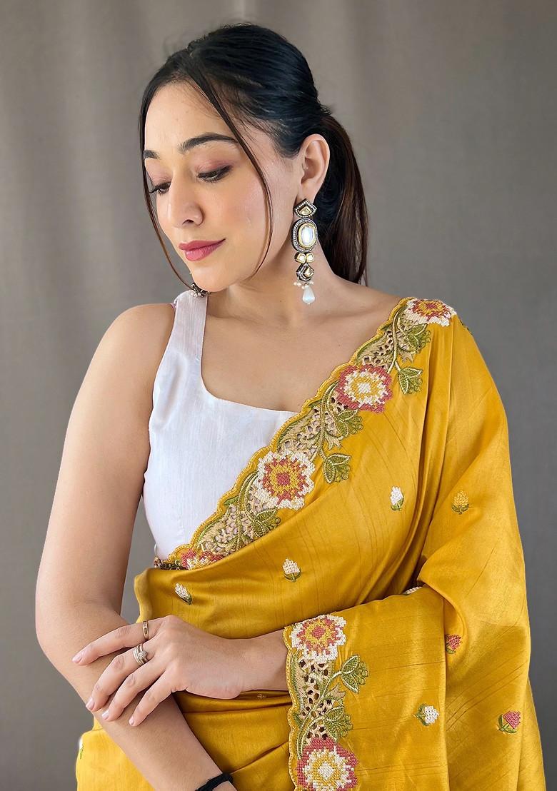 Yellow Floral Embroidered Tussar Silk Saree Set
