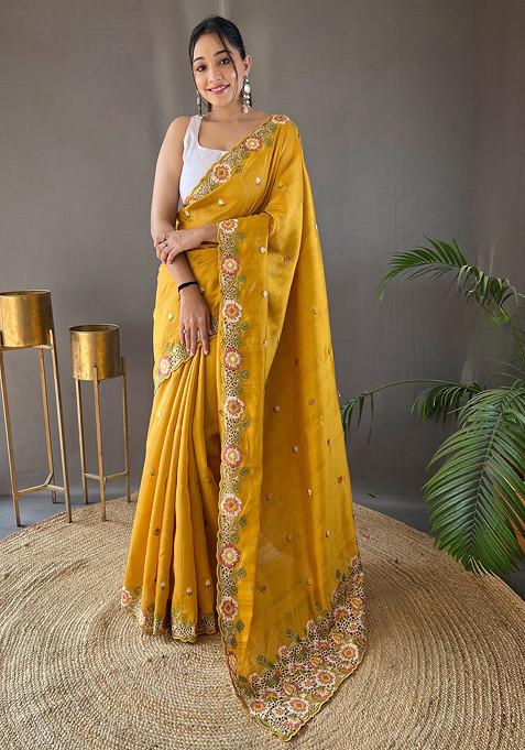 Yellow Floral Embroidered Tussar Silk Saree Set