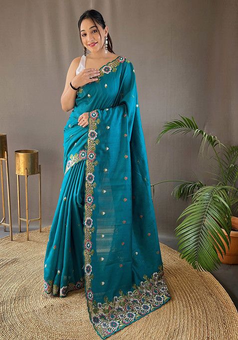 Rama Floral Embroidered Tussar Silk Saree Set