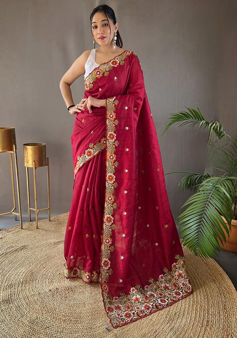 Red Floral Embroidered Tussar Silk Saree Set