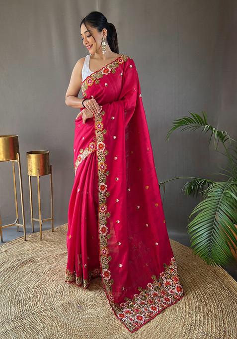 Pink Floral Embroidered Tussar Silk Saree Set