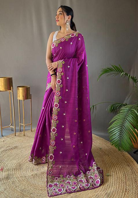 Purple Floral Embroidered Tussar Silk Saree Set