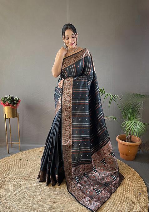 Black Printed Silk Saree Set