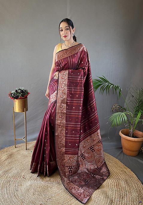 Brown Printed Silk Saree Set