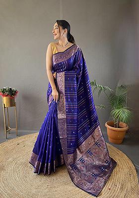 Violet Printed Silk Saree Set