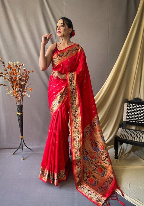 Red Woven Soft Silk Saree Set