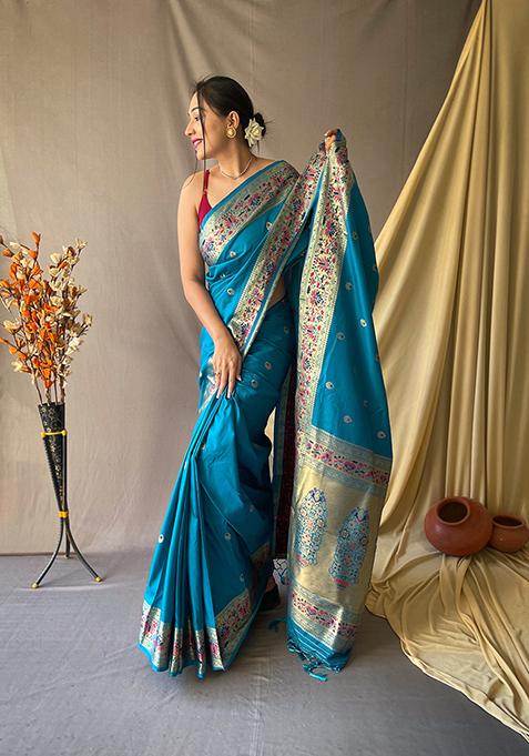 Firozi Woven Soft Silk Saree Set