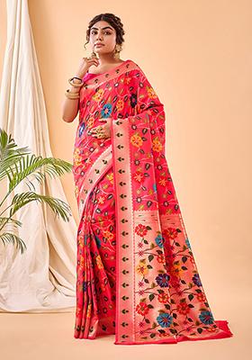 Pink Floral Paithani Silk Saree Set