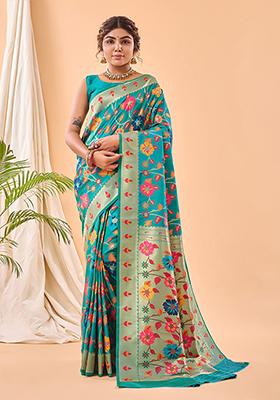 Rama Blue Floral Paithani Silk Saree Set