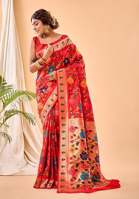 Red Floral Paithani Silk Saree Set