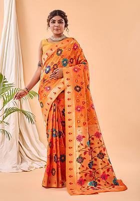 Yellow Floral Paithani Silk Saree Set