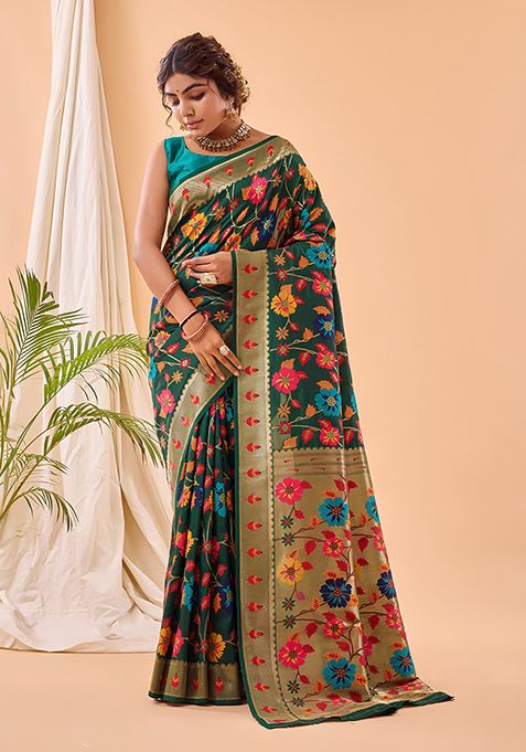 Dark Green Floral Paithani Silk Saree Set