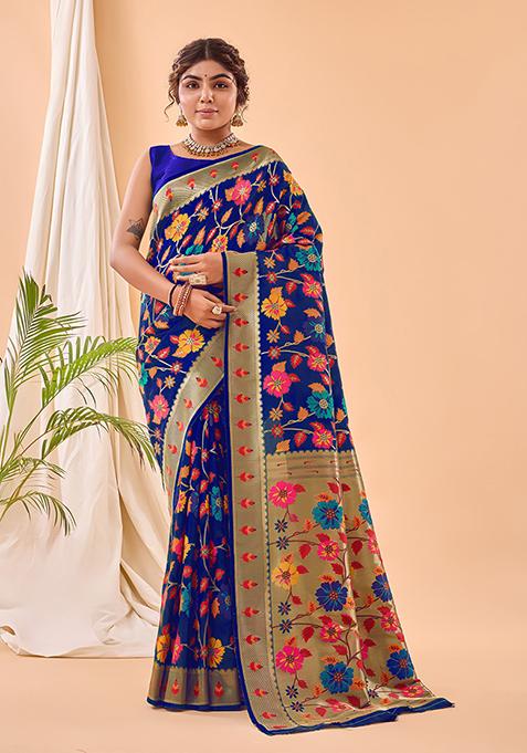 Violet Floral Paithani Silk Saree Set