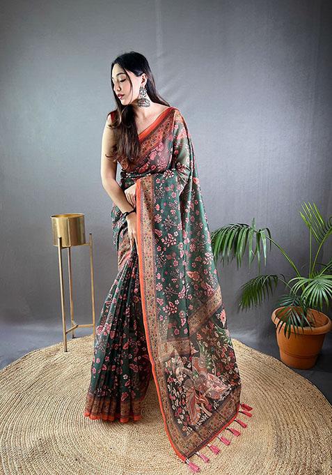 Green Floral Malai Cotton Saree Set