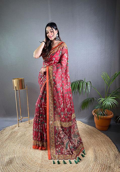 Maroon Floral Malai Cotton Saree Set