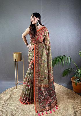 Mehendi Green Floral Malai Cotton Saree Set