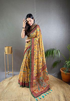 Yellow Floral Malai Cotton Saree Set