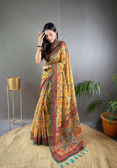 Yellow Floral Malai Cotton Saree Set