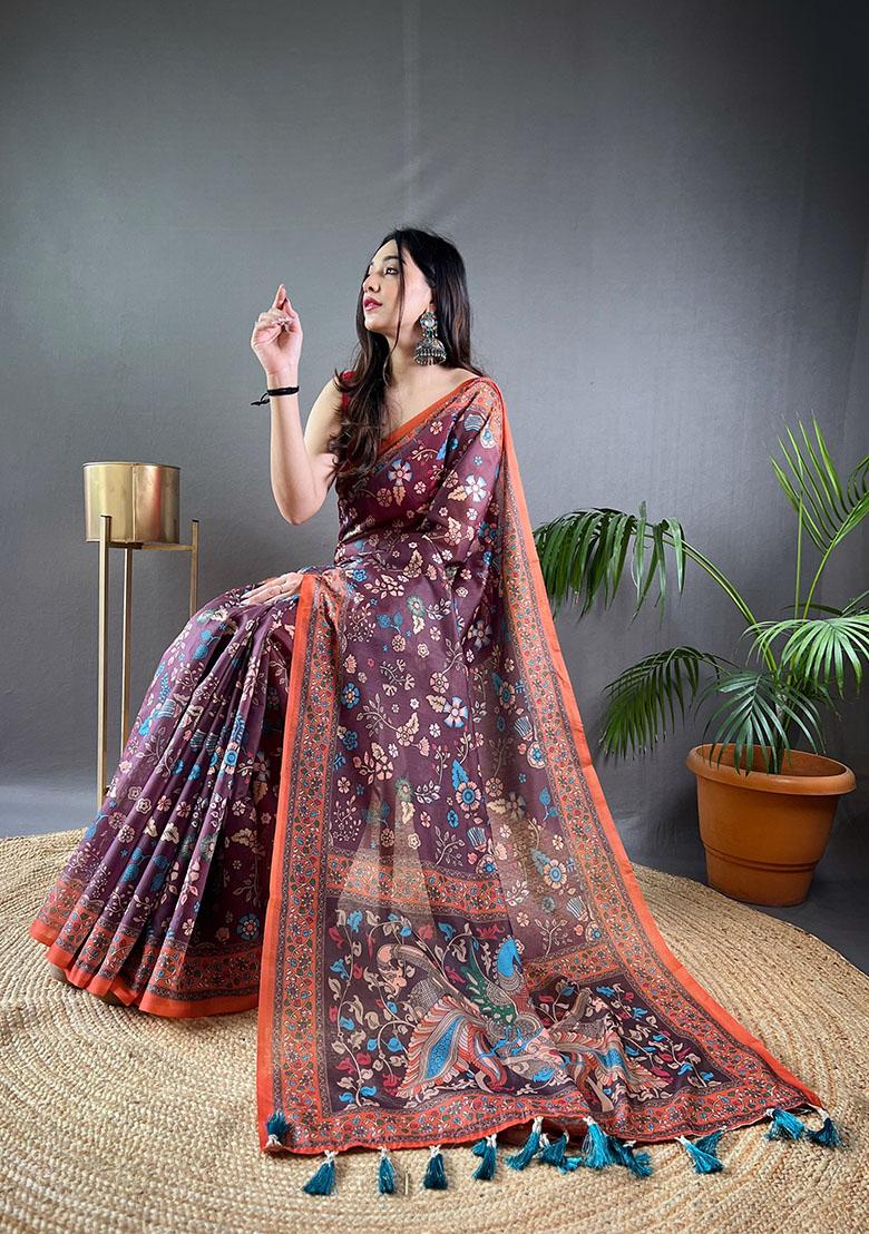 Wine Floral Malai Cotton Saree Set