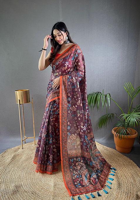 Wine Floral Malai Cotton Saree Set