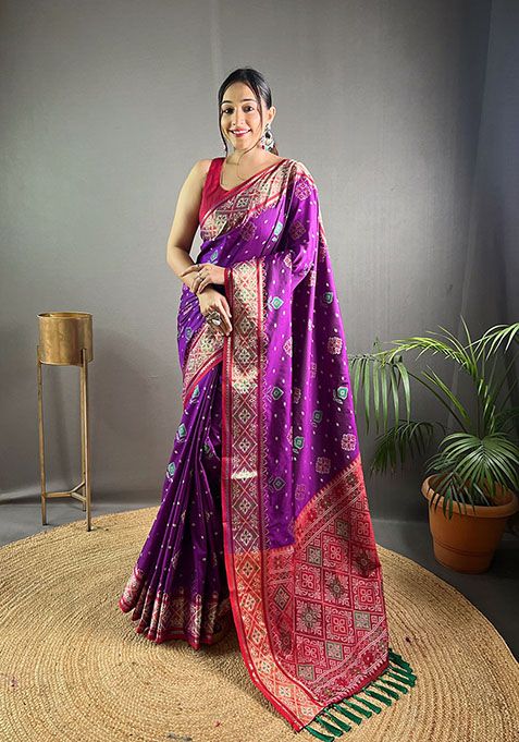 Purple Woven Patola Silk Saree Set