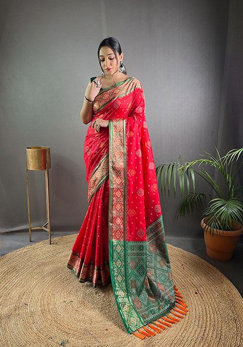 Red Woven Patola Silk Saree Set