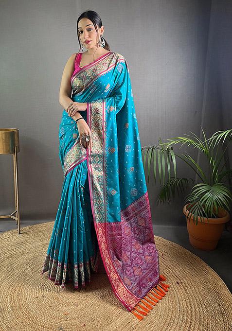 Sky Blue Woven Patola Silk Saree Set