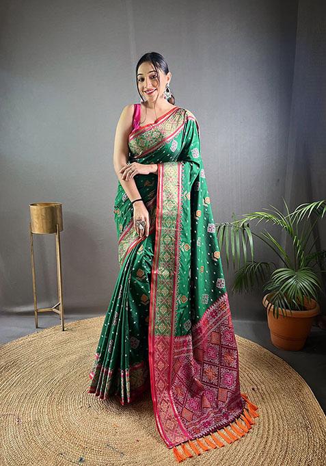 Green Woven Patola Silk Saree Set