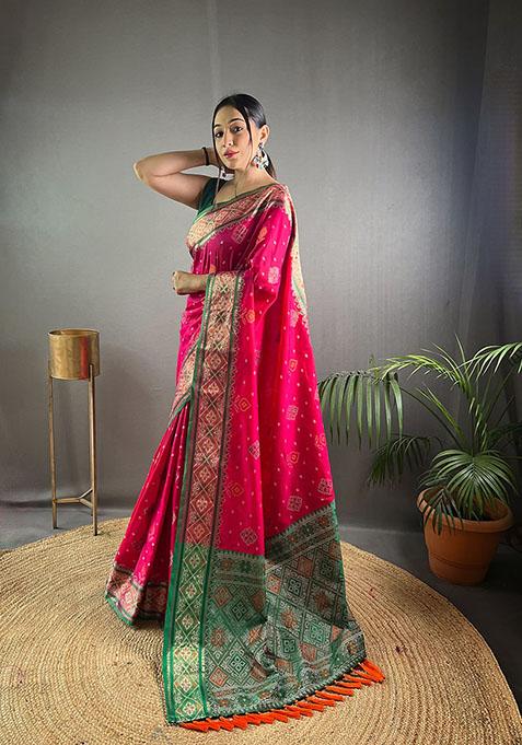 Pink Woven Patola Silk Saree Set