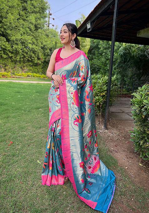 Denim Blue Floral Paithani Silk Saree Set