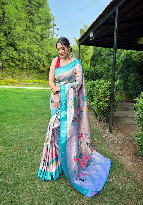 Lavender Floral Paithani Silk Saree Set