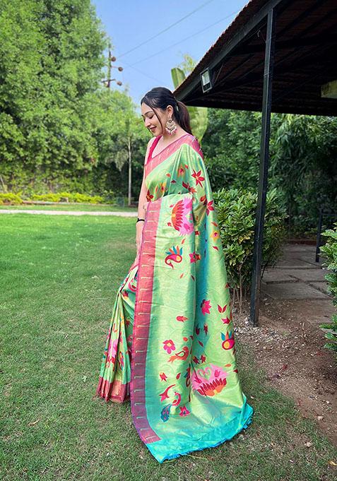 Lime Green Floral Paithani Silk Saree Set