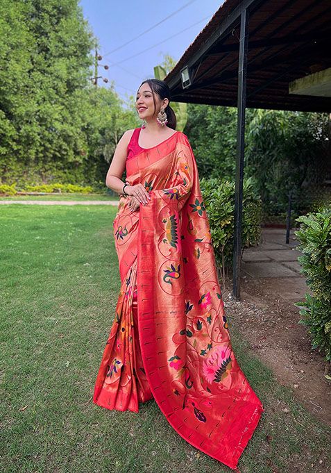 Red Floral Paithani Silk Saree Set