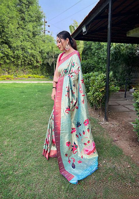 Sky Blue Floral Paithani Silk Saree Set