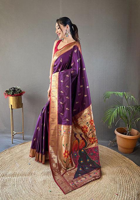 Violet Woven Paithani Silk Saree Set