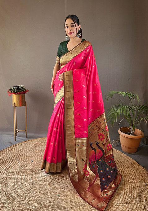 Pink Woven Paithani Silk Saree Set